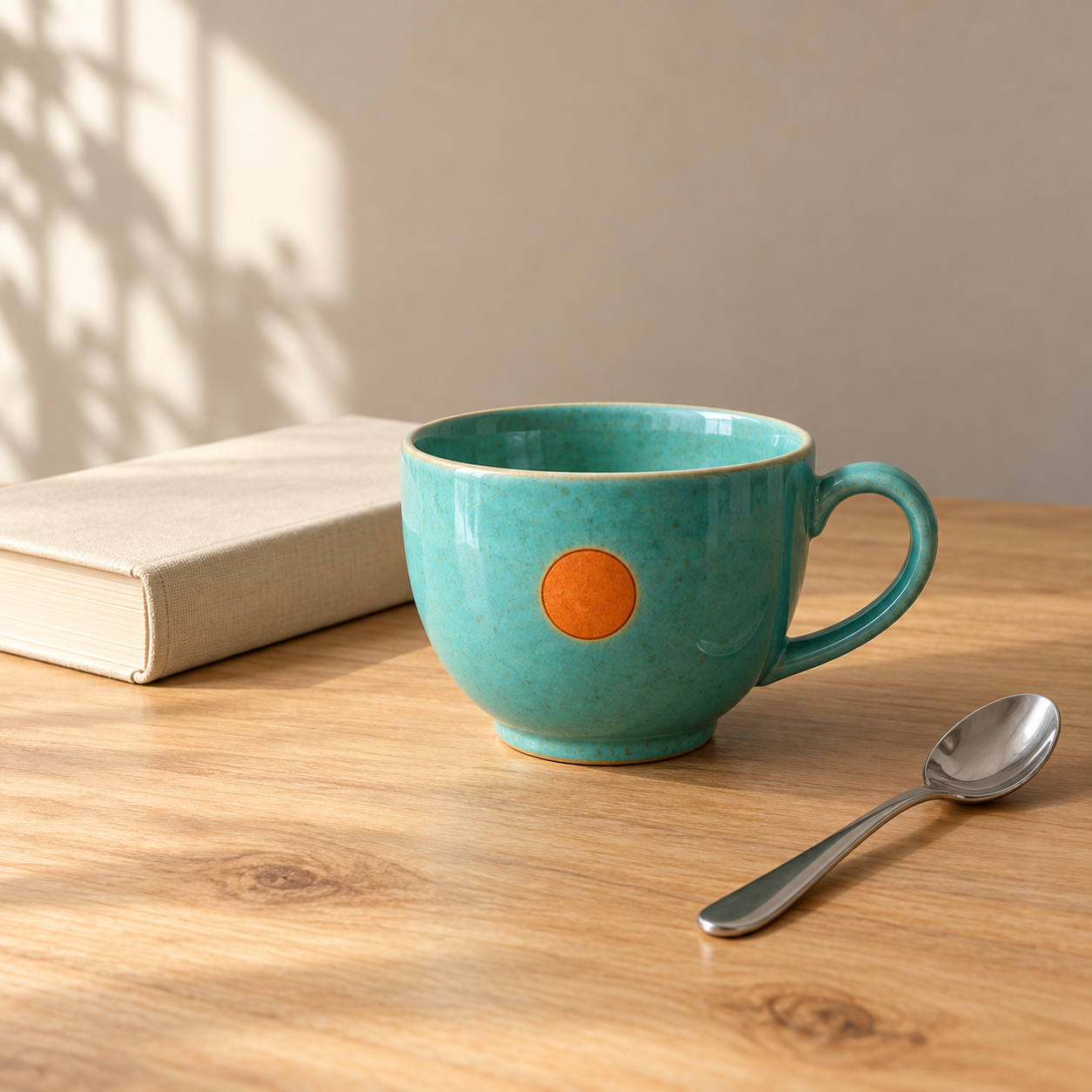 AI-generated turquoise ceramic cup with an orange emblem, a book and a spoon