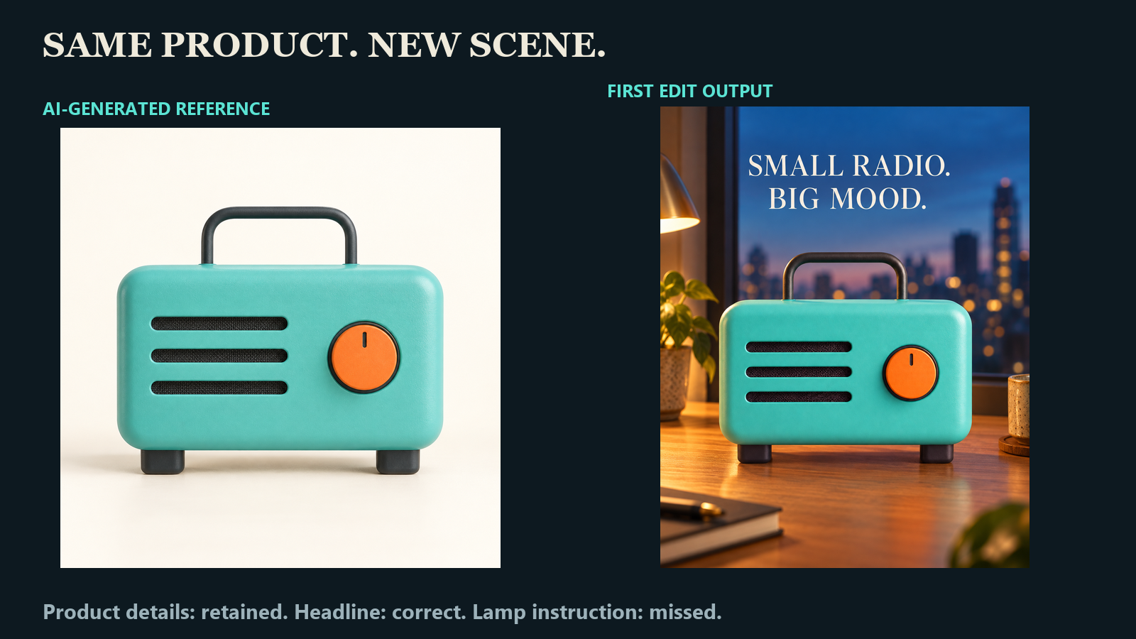 Reference and generated campaign image of a fictional turquoise radio