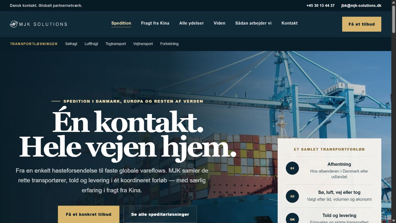 MJK Solutions’ offentlige hjemmeside med speditørydelser og kontaktvej